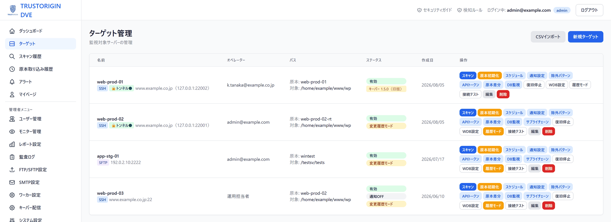 TRUSTORIGIN DVE の管理画面。監視対象のサーバーが一覧で並び、それぞれに接続方式、原本、監視対象のパス、有効状態が表示されている。